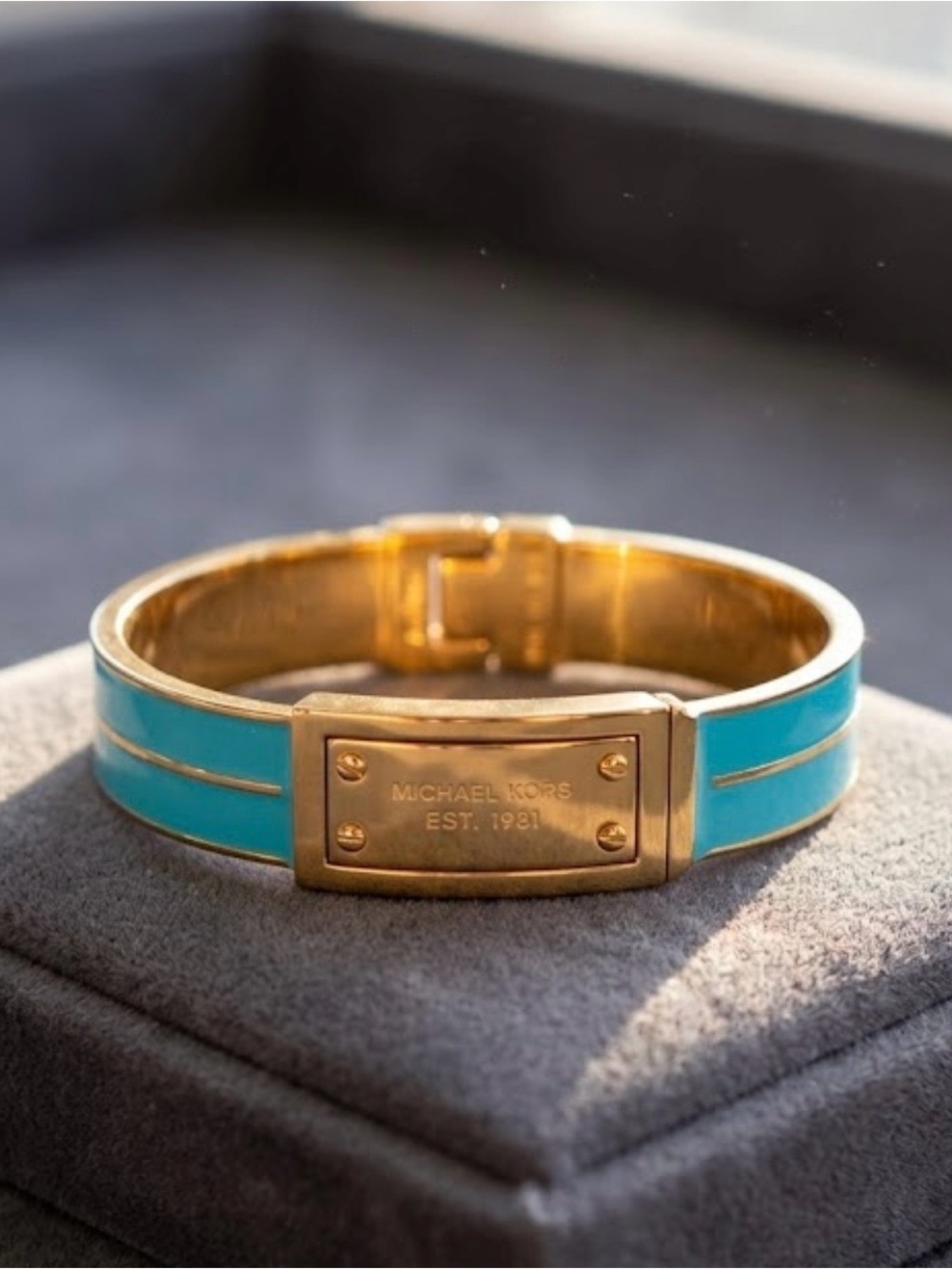Michael Kors Gold and Turquoise Enamel Logo Hinge Bracelet